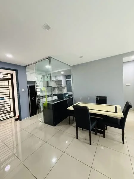 Dining features: dining table with black and cream color scheme, black upholstered dining chairs, glass partition separating kitchen, grey painted walls, glossy tile flooring, recessed ceiling lights, open layout, kitchen area visible in background; style: modern.