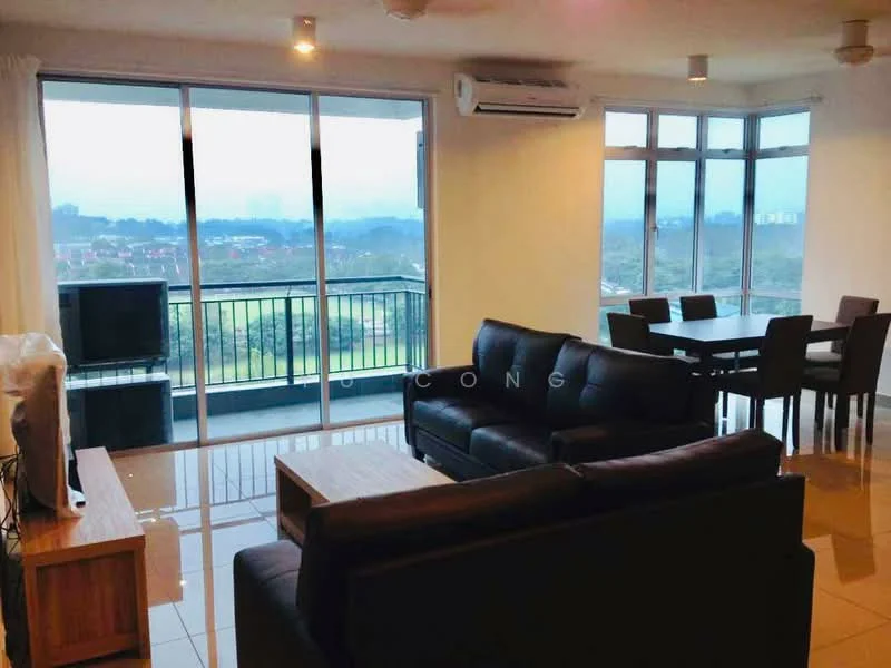 Living features: 3-seater fabric sofa in black, 2-seater fabric sofa in black, wooden coffee table, TV console, wall-mounted TV, floor-to-ceiling windows, sliding glass door, air conditioning unit, tile flooring, recessed downlights, curtains, dining table with 6 chairs; style: modern; view: city.