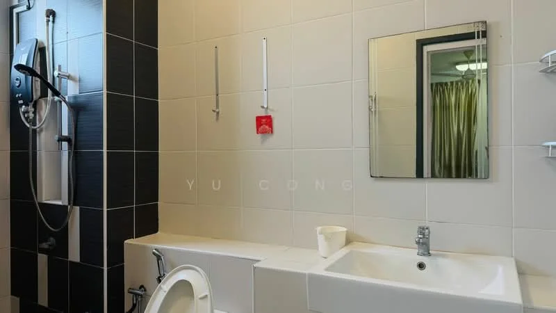 Bathroom features: white tiled walls, black accent wall, white sink, chrome faucet, large mirror, toilet, shower area with glass partition, shower head, wall-mounted shower control, shelf for toiletries; style: modern.