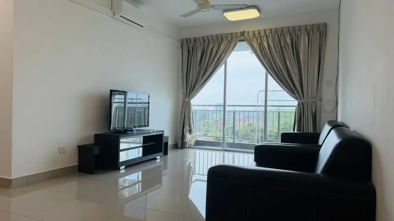 Living features: black leather sofa, 2-seater sofa, flat-screen TV on console, TV console in black, floor-to-ceiling windows, sheer curtains, sliding glass door, ceiling fan with light, glossy tile flooring, white painted walls, balcony view; style: modern; view: city.