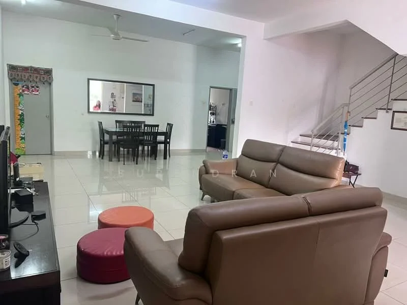 Living features: 3-seater leather sofa in beige, single ottoman in red, TV console, wall-mounted TV, ceramic tile flooring, white painted walls, ceiling fan, recessed downlights, decorative wall art, open layout to dining area; style: modern. Dining features: 6-seater dining table in dark wood, dining chairs, ceramic tile flooring, white painted walls, wall-mounted artwork, open layout to living area; style: modern.