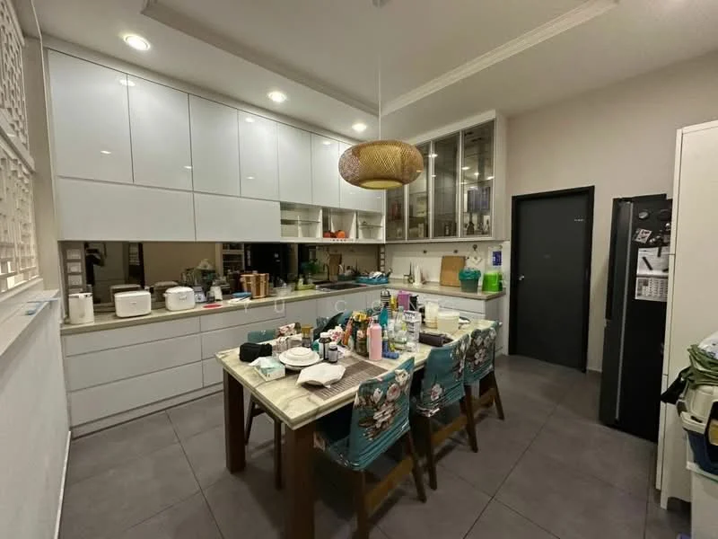 Kitchen features: white flat-panel cabinets, grey countertop, stainless-steel fridge, built-in oven, microwave, ceramic tile flooring, pendant light fixture, kitchen island with dining table, decorative wall art, various kitchen appliances, open shelving, sink with faucet; style: modern.