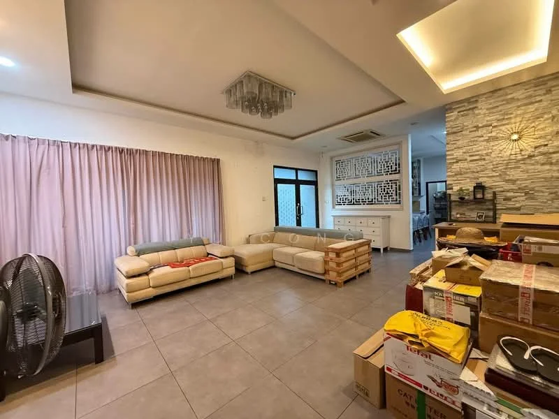 Living features: cream fabric sofa, L-shape sectional sofa, glass coffee table, tile flooring, white painted walls, tray ceiling with recessed lighting, chandelier, floor-to-ceiling windows with sheer curtains, stone feature wall, decorative wall paneling, boxes and packing materials, ceiling-mounted air conditioning unit; style: modern.