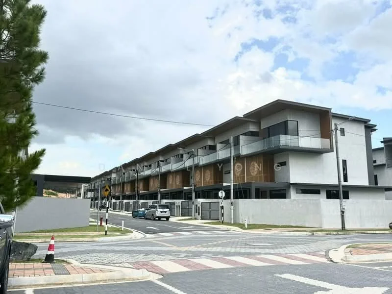 Exterior type: linked terrace house; features: white painted facade, wooden accents, recessed balconies, flat roof, 2-storey building, manicured landscaping, paved walkway, street signage, parking spaces visible, surrounded by greenery; style: modern.