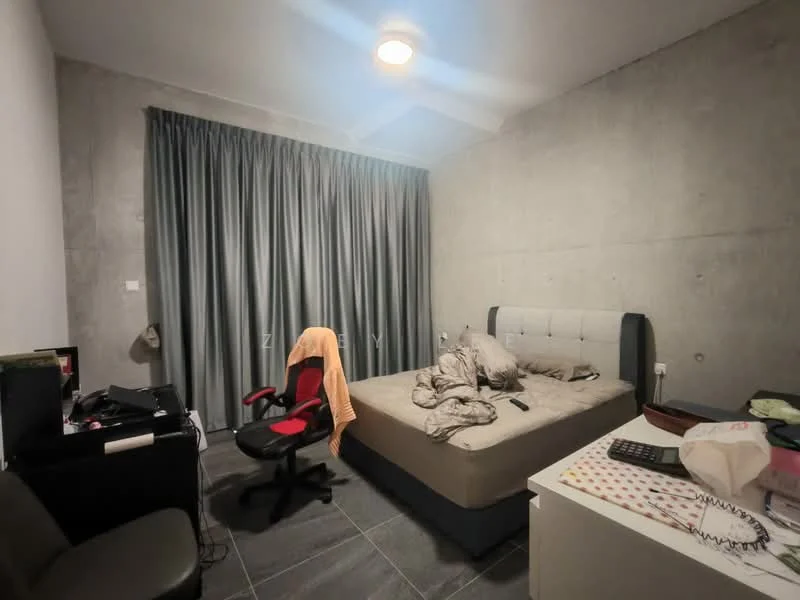 Bedroom features: grey concrete walls, grey tiled flooring, queen-size bed, upholstered headboard, bed linens in disarray, black office chair, red gaming chair, white bedside table, desk with computer equipment, curtains in grey, ceiling light fixture; style: modern.
