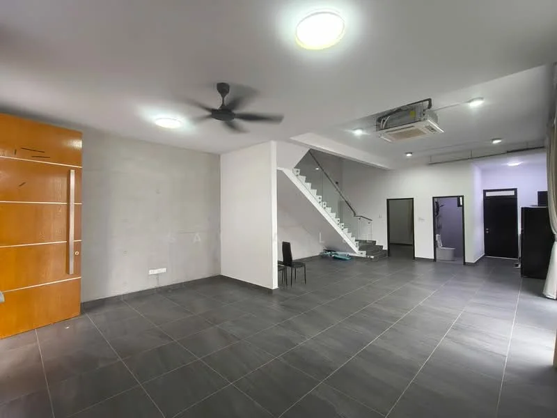 Room features: grey tiled flooring, exposed concrete wall, wooden door, ceiling fan, recessed LED downlights, wall-mounted air conditioning unit, staircase with metal railing, open layout, large windows, black chair; style: modern.