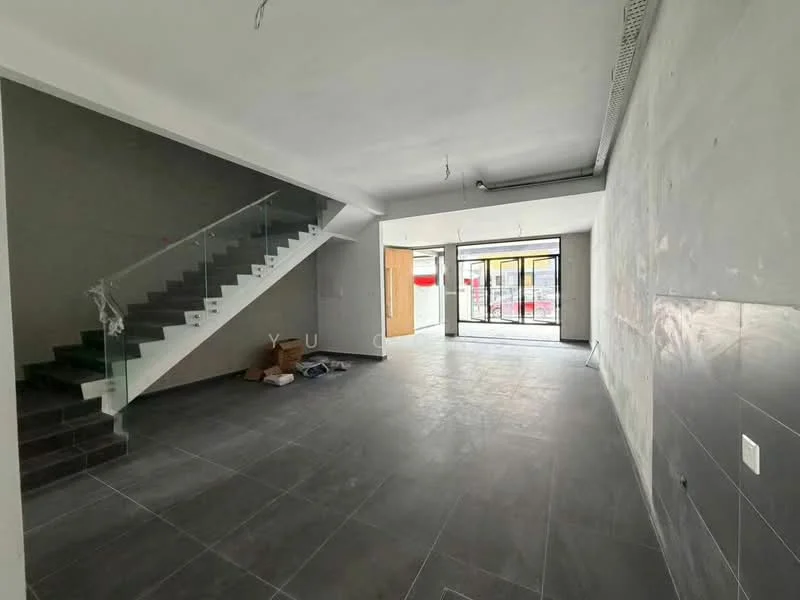 Room features: grey tiled flooring, white painted walls, glass railing on staircase, staircase with dark steps, large glass entrance door, open layout, exposed ceiling with ductwork, natural light from large windows; style: modern; view: street.