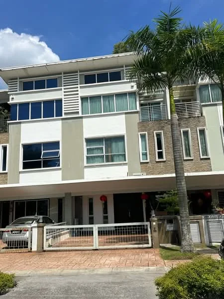 Exterior type: linked terrace house; features: white painted facade, grey accent wall, large windows, balconies on upper floors, brick cladding, paved driveway, manicured landscaping, palm trees, two-storey structure, visible car parked in driveway; style: modern.