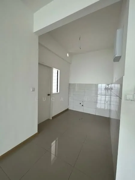 Room features: white painted walls, grey tiled flooring, single door, window with grid, wall-mounted split AC, recessed ceiling light, glossy white tile backsplash, high ceiling; style: modern.