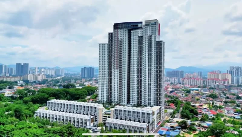 Exterior type: high-rise condominium; features: glass curtain wall, white painted facade, recessed balconies, approximately 30-storey high-rise, surrounded by mature greenery, urban context with city skyline in background; style: modern.