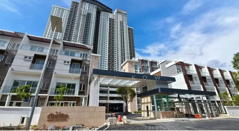 Exterior type: high-rise condominium; features: glass curtain wall, white painted facade, recessed balconies, feature lighting at night, double-volume main lobby, manicured landscaping, paved driveway, surrounded by mature greenery; style: modern.