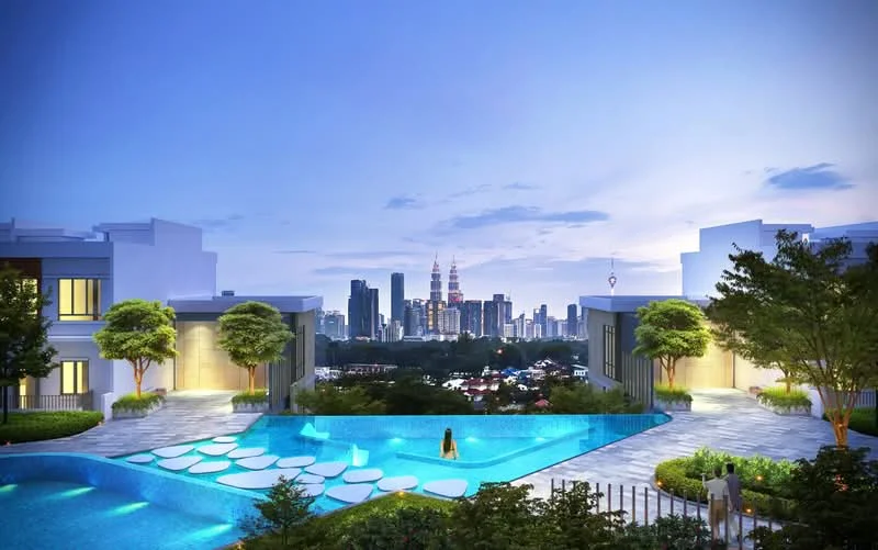 Exterior type: high-rise condominium; features: infinity pool, pool deck with loungers, landscaped garden, surrounded by mature greenery, city skyline view, modern architectural design, water feature, night lighting, paved walkway; style: modern.