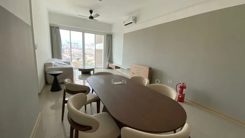Dining features: round wooden dining table, 4 upholstered dining chairs, floor-to-ceiling windows, grey painted walls, light-colored tile flooring, ceiling fan, air conditioning unit, fire extinguisher, curtains, view of city skyline; style: modern; view: city. Living features: sofa, coffee table, side table; style: modern; view: city.