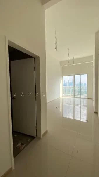 Room features: white painted walls, glossy tile flooring, floor-to-ceiling windows, natural light, high ceiling, unfurnished space, city skyline view, minimalist design; style: modern; view: city.