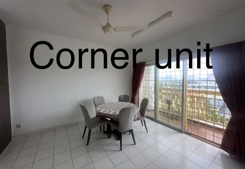 Dining features: 4-seater dining table, upholstered dining chairs, floor-to-ceiling windows, sliding glass door, white painted walls, ceiling fan, tile flooring, curtains, view of city skyline; style: modern; view: city.