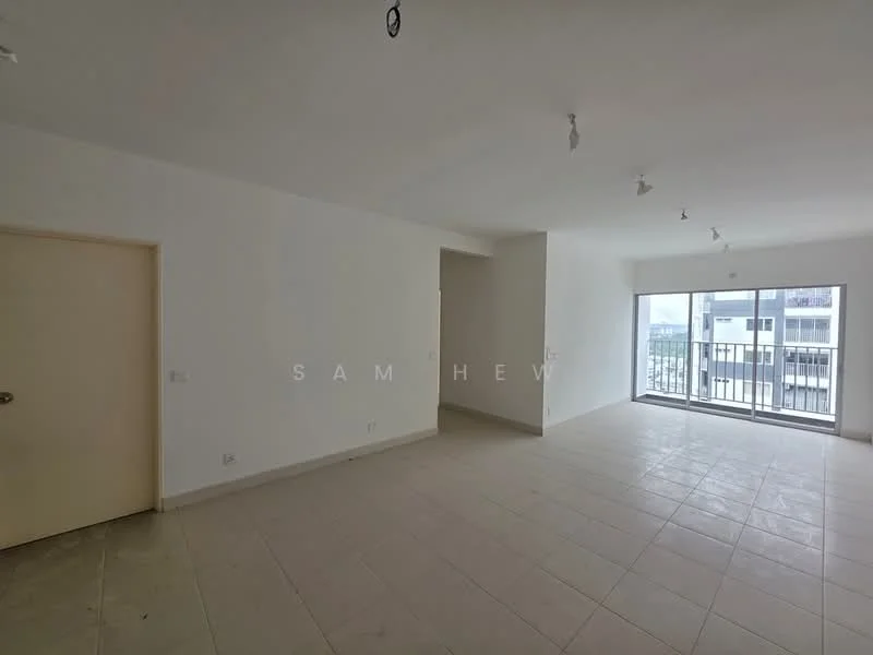 Room features: white painted walls, tile flooring, sliding glass door, floor-to-ceiling windows, recessed downlights, neutral color scheme, open layout, balcony access; style: modern.