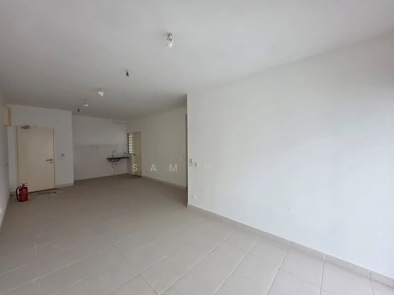 Room features: white painted walls, tile flooring, recessed downlights, fire extinguisher, open layout, large windows, kitchen area visible in background.