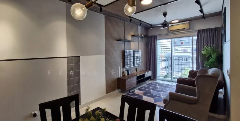 Living features: grey accent wall, white painted walls, tile flooring, 5-blade ceiling fan with light, wall-mounted TV, TV console, sofa in beige, area rug with geometric pattern, dining table with chairs, floor-to-ceiling windows, sliding glass door, curtains, decorative plant; style: modern; view: garden.