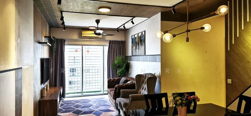 Living features: 5-blade ceiling fan with light, recessed downlights, wall-mounted TV, wooden TV console, 2-seater fabric sofa in brown, armchair in brown, area rug with geometric pattern, sliding glass door, floor-to-ceiling windows, curtains, decorative wall art, decorative plants in ceramic pots; style: modern; view: garden.