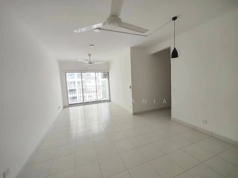 Living features: white painted walls, tile flooring, 5-blade ceiling fan, recessed downlights, sliding glass door, floor-to-ceiling windows, balcony access, pendant light; style: modern.