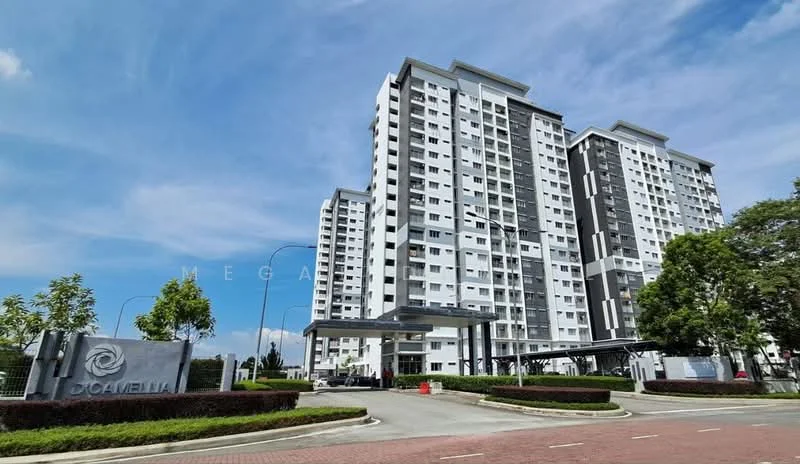 Exterior type: high-rise condominium; features: white painted facade, grey accent panels, glass curtain wall, recessed balconies, approximately 10-storey high-rise, manicured landscaping, entrance gate with signage, paved driveway, surrounded by mature greenery; style: modern.