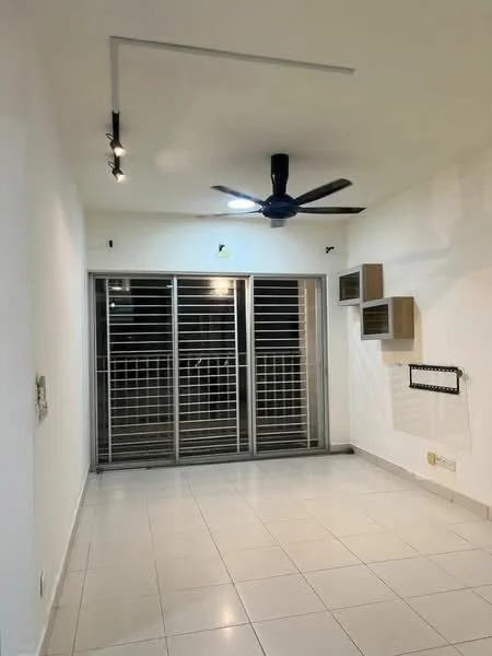 Room features: white painted walls, tile flooring, 5-blade ceiling fan, sliding glass door, grille security door, wall-mounted shelves, track lighting, window treatments, open layout; style: modern.