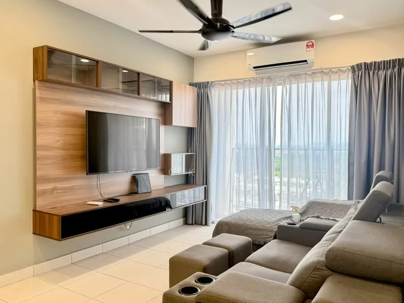 Living features: grey sectional sofa, coffee table, wall-mounted TV, wooden TV console with storage, ceiling fan, recessed downlights, floor-to-ceiling windows with sheer curtains, white tiled flooring, air conditioning unit; style: modern; view: city.