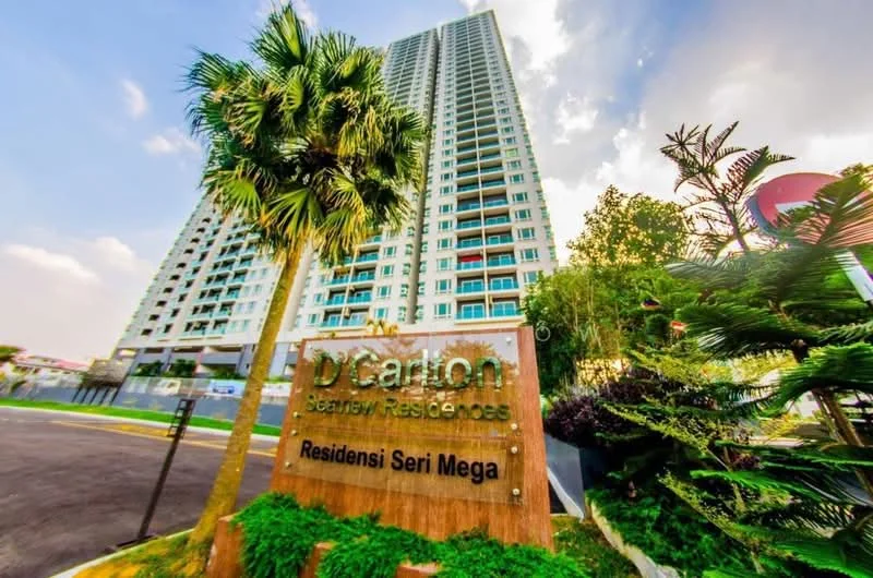 Exterior type: high-rise condominium; features: tall residential building, glass curtain wall, landscaped garden, palm trees, signage at entrance, manicured lawn, surrounding greenery; style: modern.