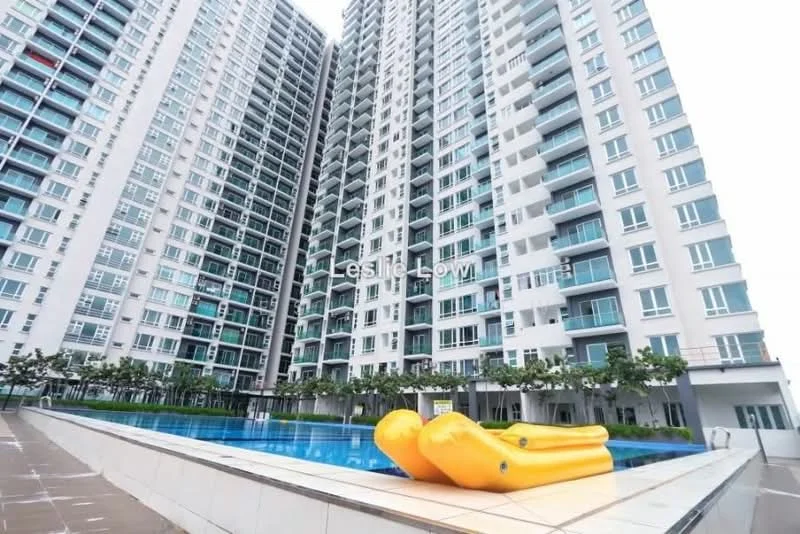 Exterior type: high-rise condominium; features: glass curtain wall, balconies with glass railings, swimming pool, pool deck with loungers, landscaped garden area, multiple storeys, modern architectural design; style: modern.