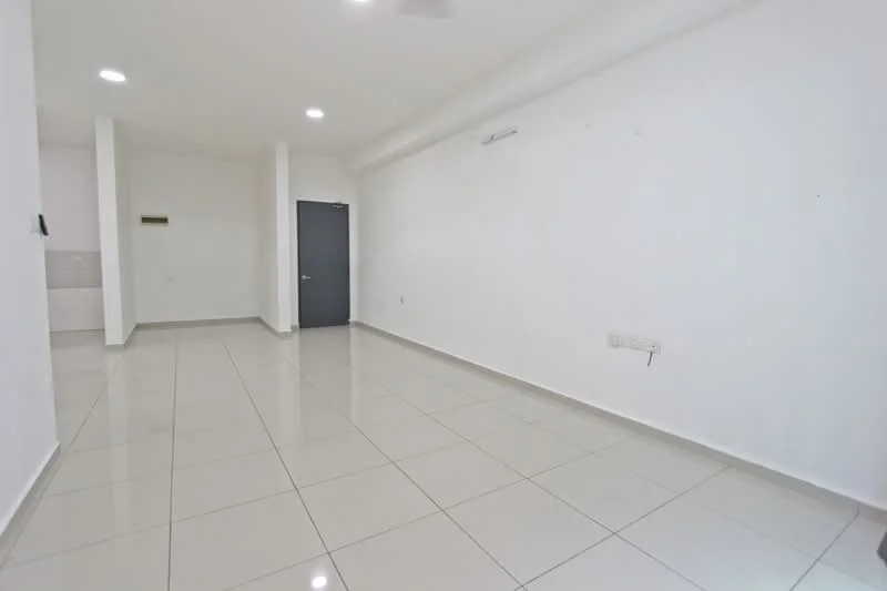 Room features: white painted walls, glossy ceramic tile flooring, recessed downlights, single grey door, open space layout; style: modern.