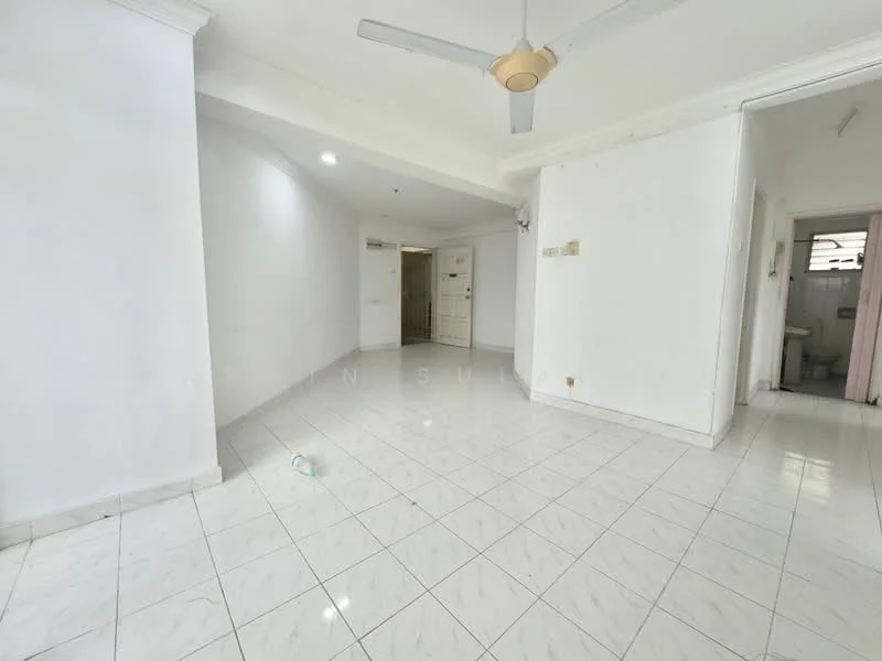 Living features: white painted walls, polished ceramic tile flooring, ceiling fan with light, natural light from windows, open layout, neutral color scheme, no visible furniture, access to adjacent rooms; style: modern. Room features: white painted walls, polished ceramic tile flooring, natural light from windows, access to bathroom, neutral color scheme.