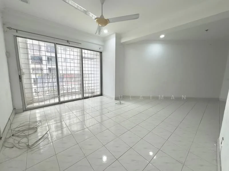 Living features: white painted walls, glossy white floor tiles, ceiling fan, large sliding glass door, grid-patterned window grills, natural light from windows, open layout, no visible furniture; style: modern.