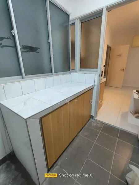 Laundry features: white marble countertop, wood cabinetry, grey tiled flooring, glass windows, white tiled backsplash, built-in storage, open layout, natural light from windows; style: modern.