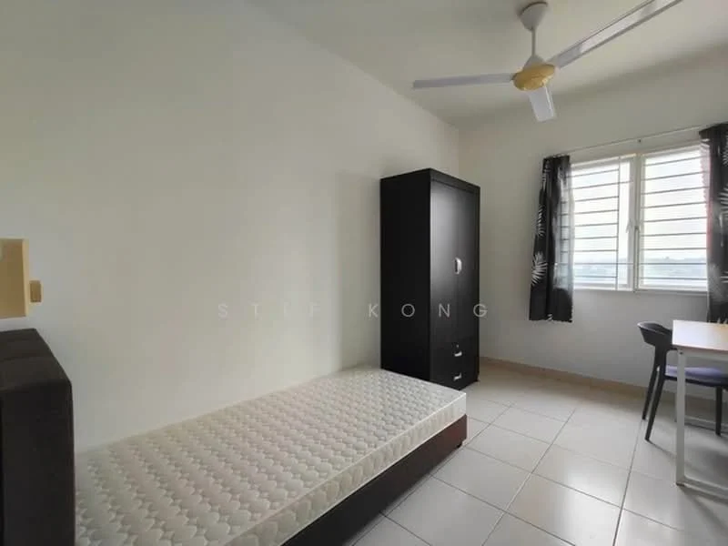 Bedroom features: single bed frame, mattress, black wardrobe, white walls, tile flooring, ceiling fan, window with blinds, study table, chair.