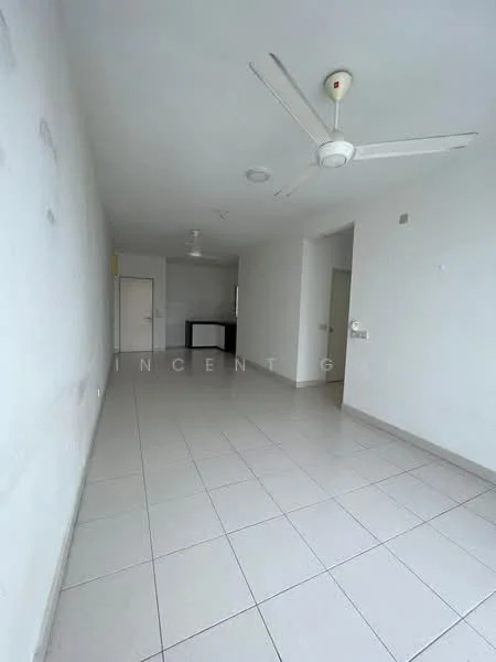 Room features: white painted walls, ceramic tile flooring, ceiling fan, recessed lighting, open layout, large windows, neutral color scheme, no visible furniture; style: modern.