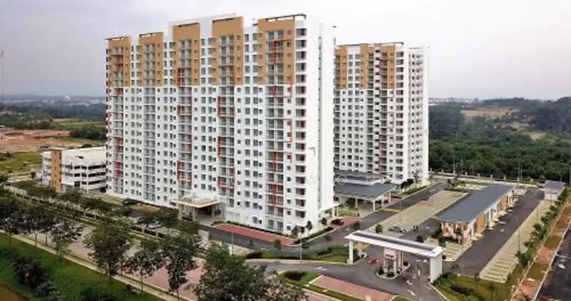 Exterior type: high-rise condominium; features: white painted facade, cream painted facade, glass curtain wall, recessed balconies, landscaped garden, manicured lawn, multi-storey car park, covered parking, guard house at entrance, gated entry, driveway with interlocking pavers, feature water wall at entrance; style: modern.