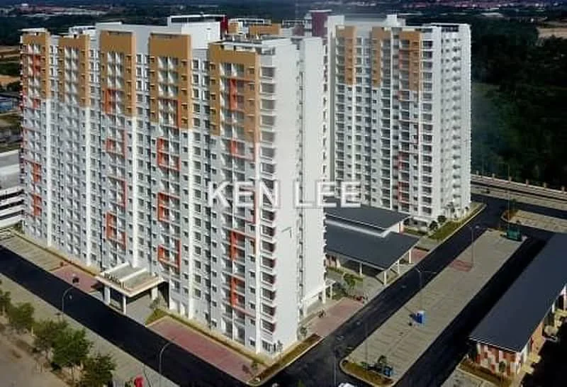 Exterior type: high-rise condominium; features: white painted facade, orange accent panels, glass balcony railings, multiple storeys, manicured landscaping, paved driveway, covered parking area, surrounded by greenery; style: modern.