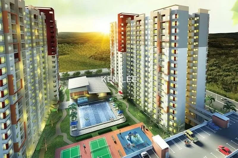 Exterior type: high-rise condominium; features: multiple high-rise buildings, swimming pool with deck, tennis courts, landscaped gardens, parking lot, sunset view, manicured lawn, surrounding greenery; style: modern.