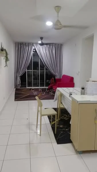 Living features: white painted walls, tile flooring, 5-blade ceiling fan with light, floor-to-ceiling windows, sheer curtains, sliding glass door, pink sofa, dining table with chairs, area rug with geometric pattern, decorative wall plant; style: modern; view: city.