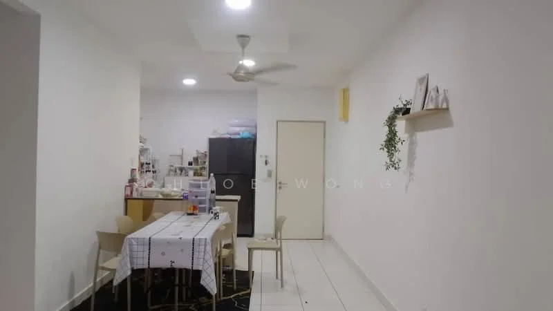 Dining features: white painted walls, tile flooring, 5-blade ceiling fan with light, dining table with white tablecloth, 4 dining chairs, black area rug, refrigerator, kitchen cabinetry, open shelving with decor, door leading to hallway; style: modern.