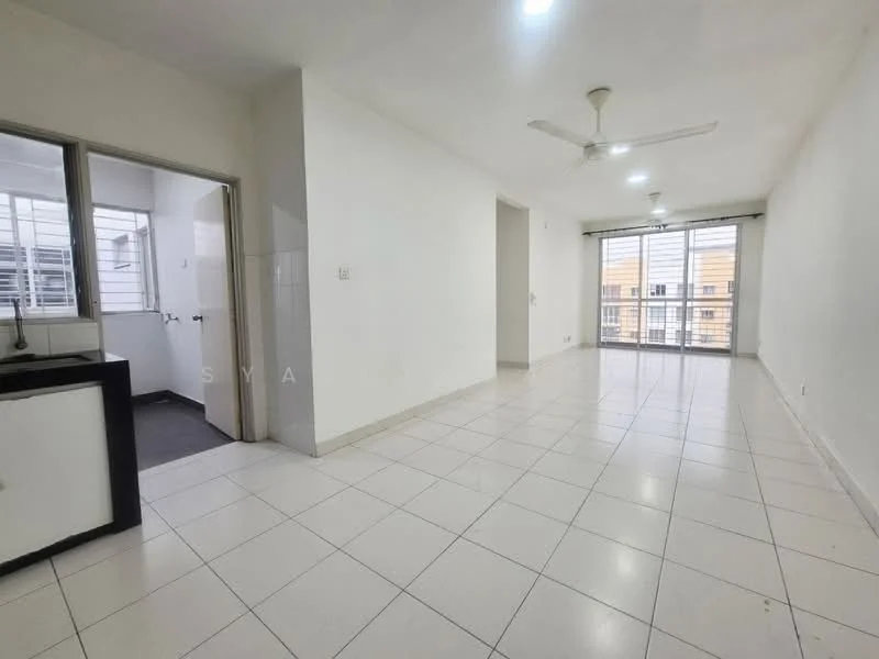 Living features: white painted walls, glossy white floor tiles, ceiling fan, large windows with natural light, open layout, neutral color scheme, no visible furniture, smooth ceiling; style: modern. Kitchen features: white cabinetry, black countertop, single-bowl stainless-steel sink, wall-mounted faucet, open layout to living area; style: modern.