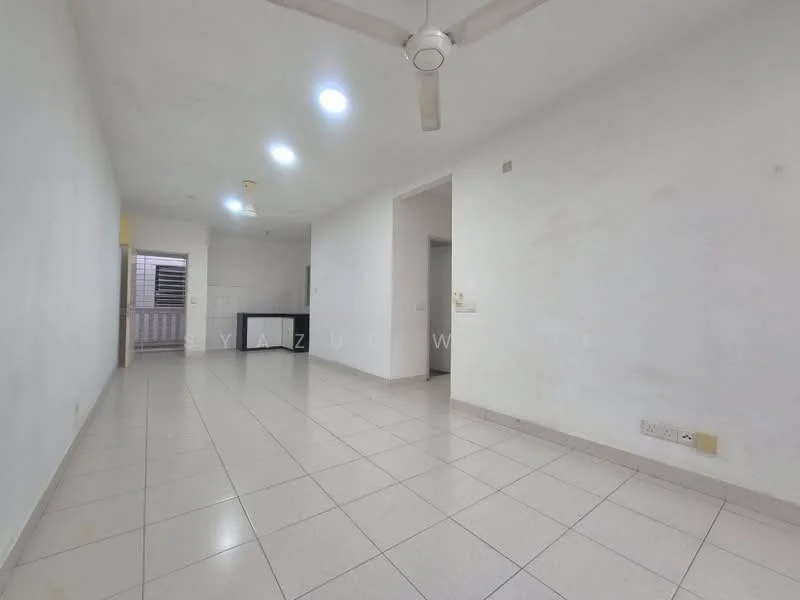 Living features: white painted walls, ceramic tile flooring, ceiling fan, recessed downlights, open layout, large windows, neutral color scheme, no visible furniture; style: minimalist. Kitchen features: white cabinetry, countertop, open layout, no visible appliances; style: minimalist.