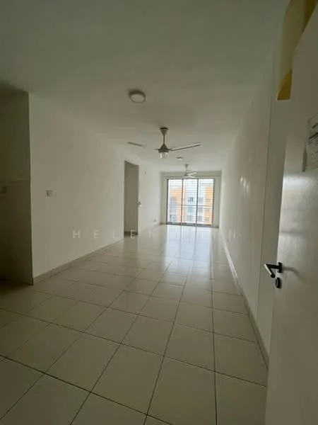 Room features: white painted walls, tile flooring, ceiling fan, sliding glass door, floor-to-ceiling windows, natural light, neutral color scheme, open layout; style: modern.