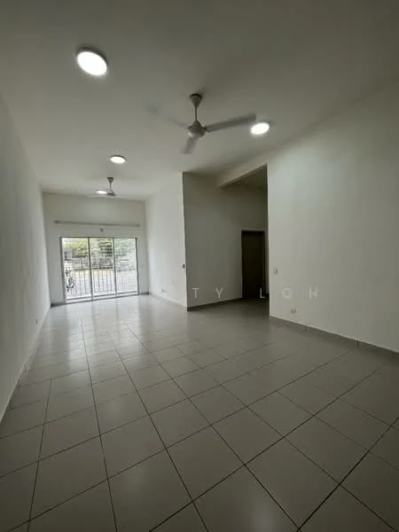 Living features: white painted walls, tile flooring, 3-blade ceiling fan, recessed LED downlights, large sliding glass door, floor-to-ceiling windows, balcony access, neutral color scheme; style: modern; view: garden.
