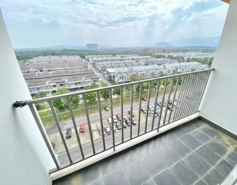 Balcony features: metal railing, grey tiled flooring, city view, open space, surrounding greenery, adjacent road, visible parking area, distant mountains; view: city.