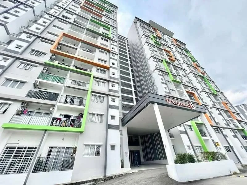 Exterior type: high-rise condominium; features: white painted facade, colorful accent panels in orange and green, glass curtain wall, multiple balconies, main entrance with canopy, landscaped area at entrance; style: modern.