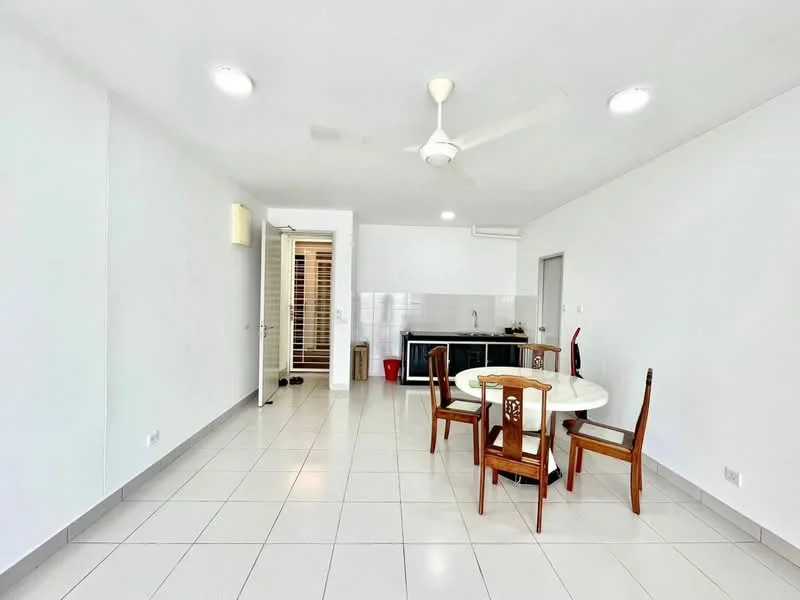 Dining features: round dining table, 4 wooden dining chairs, white walls, tile flooring, ceiling fan, recessed downlights, kitchen area visible, open layout; style: modern. Kitchen features: black cabinetry, stainless-steel sink, built-in stove, kitchen countertop, tile backsplash, refrigerator visible, open layout; style: modern.