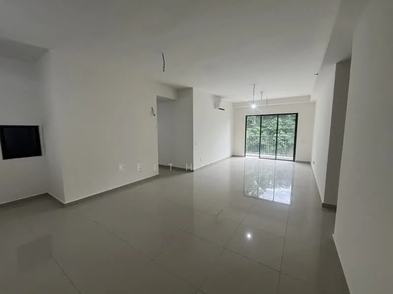 Living features: white painted walls, polished ceramic tile flooring, sliding glass door, floor-to-ceiling windows, recessed downlights, ceiling fan, open layout, natural light from windows; style: modern; view: garden.