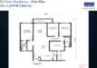 Floor plan: 3-bedroom 2-bathroom unit; features: open-plan kitchen-dining-living, master bedroom with ensuite bathroom, bedroom 2 with shared bathroom, utility room, central foyer, 1 car porch, balcony off living room, private yard, 1,239 sqft built-up.