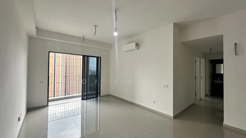Living features: white painted walls, grey tiled flooring, floor-to-ceiling windows, sliding glass door, 1 wall-mounted split AC, recessed downlights, ceiling with exposed wiring, balcony access, neutral decor; style: modern; view: city.